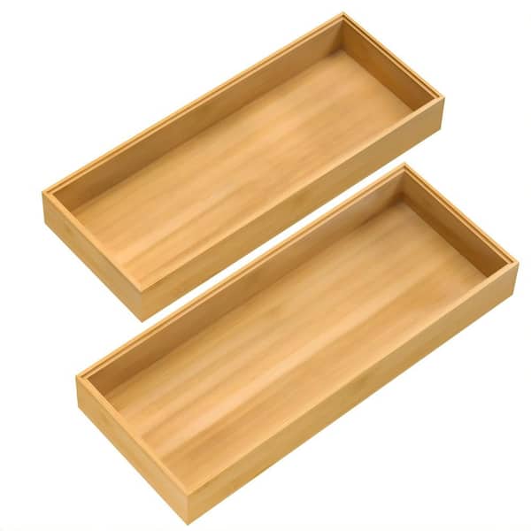 2-Piece Bamboo Drawer Organizer, Stackable Utensil Organizer for Kitchen, Storage Box Wood Silverware Tray for Drawer