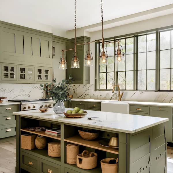 Mid-Century Modern 38 in. 5-Light Chandelier Plated Brass Ceiling Light with Bell Clear Glass Shade