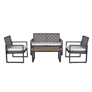 4-Pieces Wicker Patio Conversation Set with Beige Cushions wood Table for Garden Poolside and Backyard