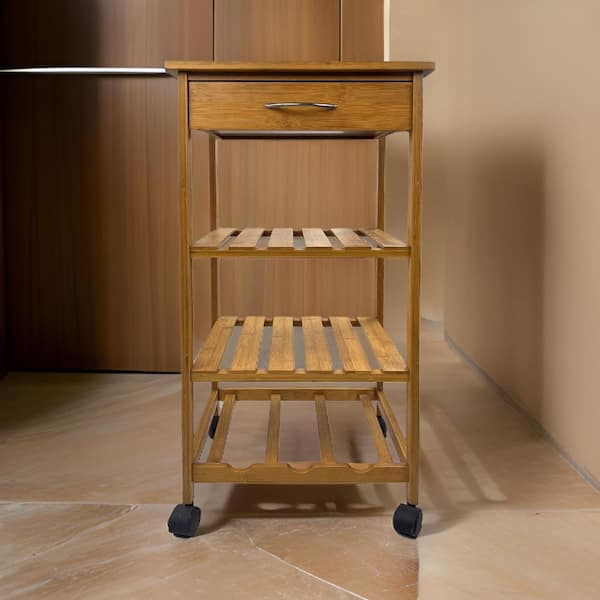 Benjara Harry Brown Bamboo Kitchen Cart with 1-Drawer and 3-Shelves