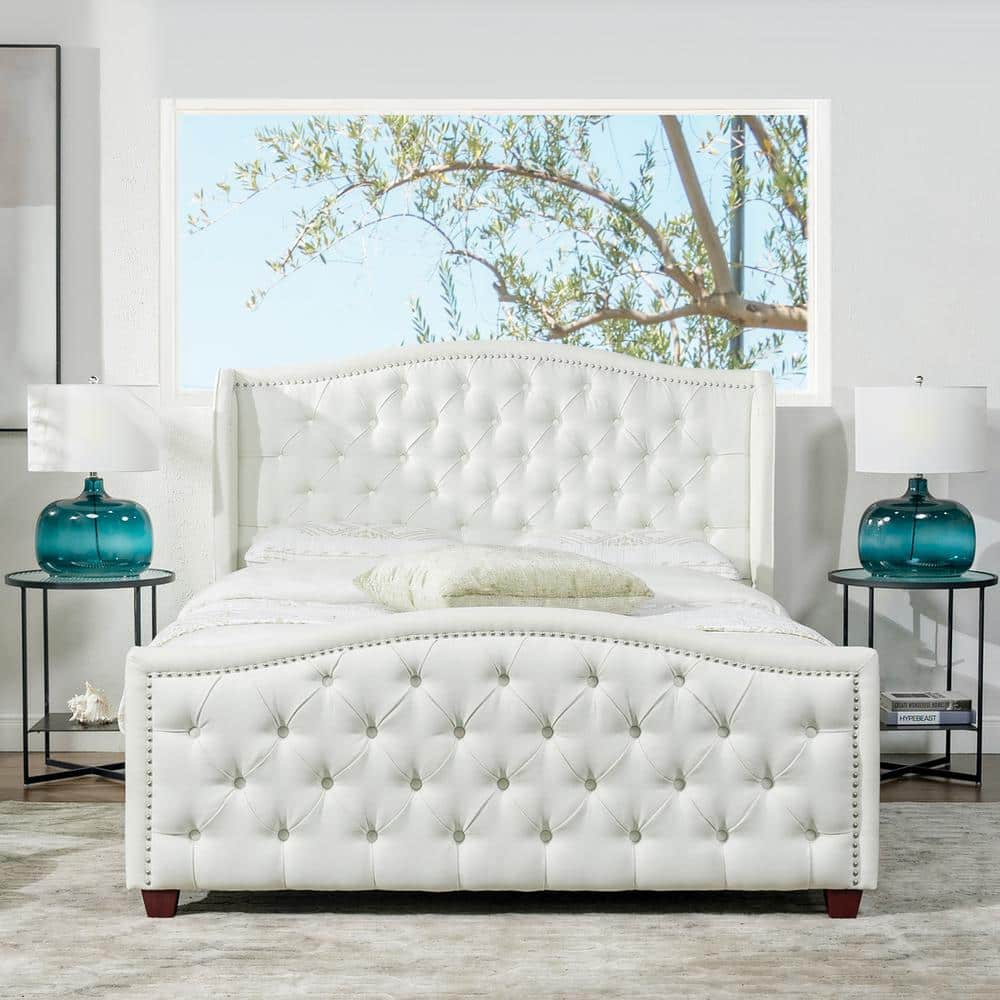 Fontana Queen Antique White Tufted Upholstered Platform Bed