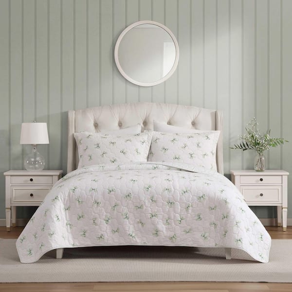 Bouncy Bows 3-Piece Green/Cream Cotton Twin Quilt Set