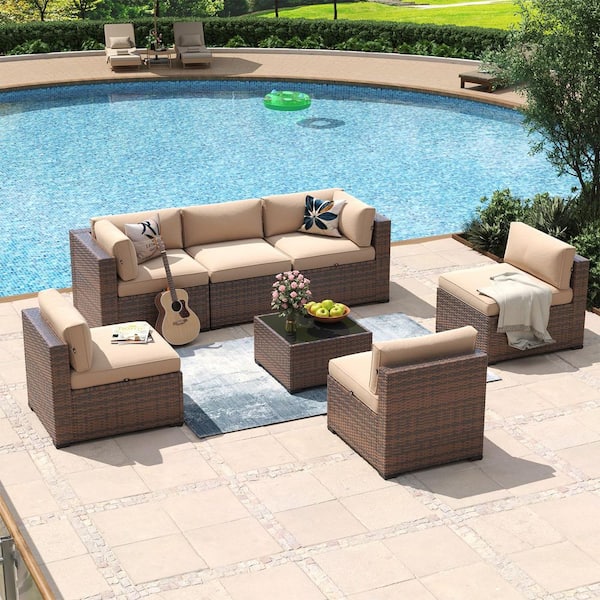 Sizzim Brown 7-Piece Wicker Rattan Patio Conversation Set with Beige Cushions, Coffee Table and Set Cover