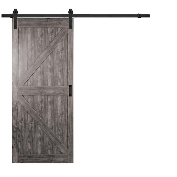 TRUporte 36 in. x 84 in. Iron Age Grey K Design Solid Core Interior MDF Sliding Barn Door with Rustic Hardware Kit