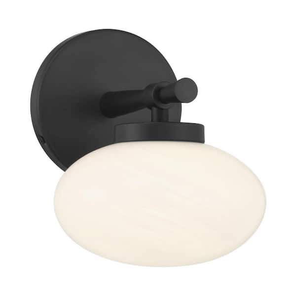 Barrow 6.75 in. W x 8 in. H 1-Light Matte Black Dimmable Wall Sconce with Strie Glass Shade