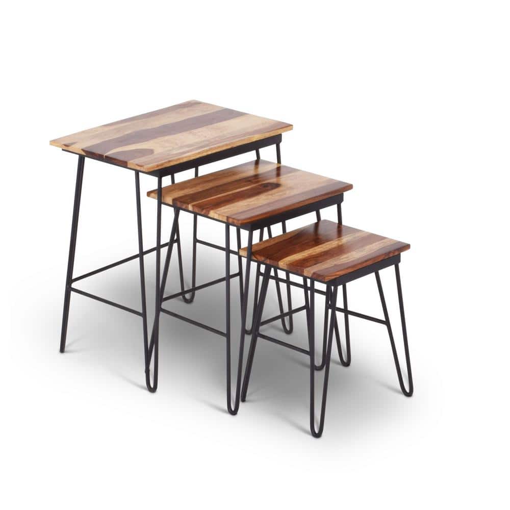 Tristan Industrial Nesting End Tables in Sheesham Wood and Black Metal