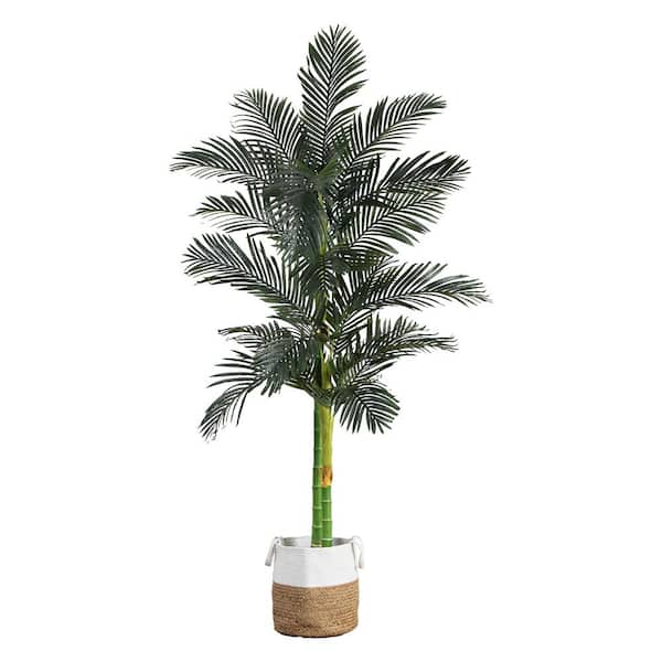 Nearly Natural 8 ft. Golden Cane Artificial Palm Tree in Handmade Natural Cotton Planter