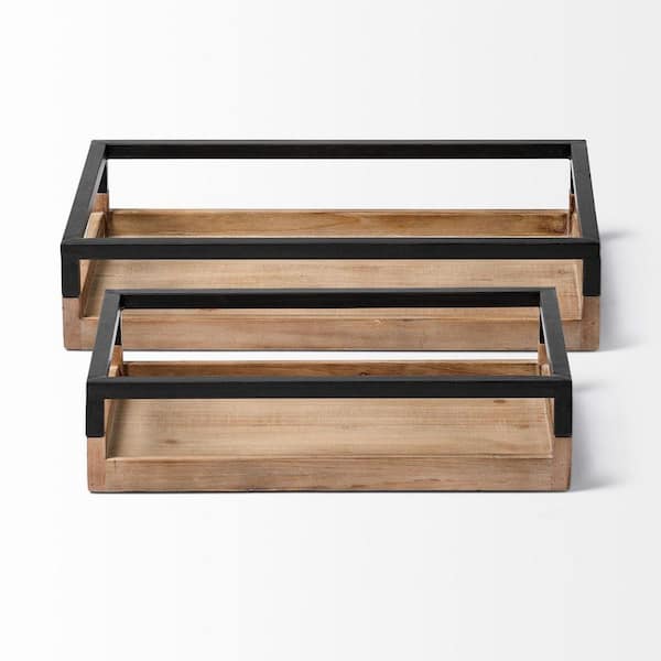 HomeRoots Brown Rectangle Wood 20.1 in. Decorative Tray Set of 2
