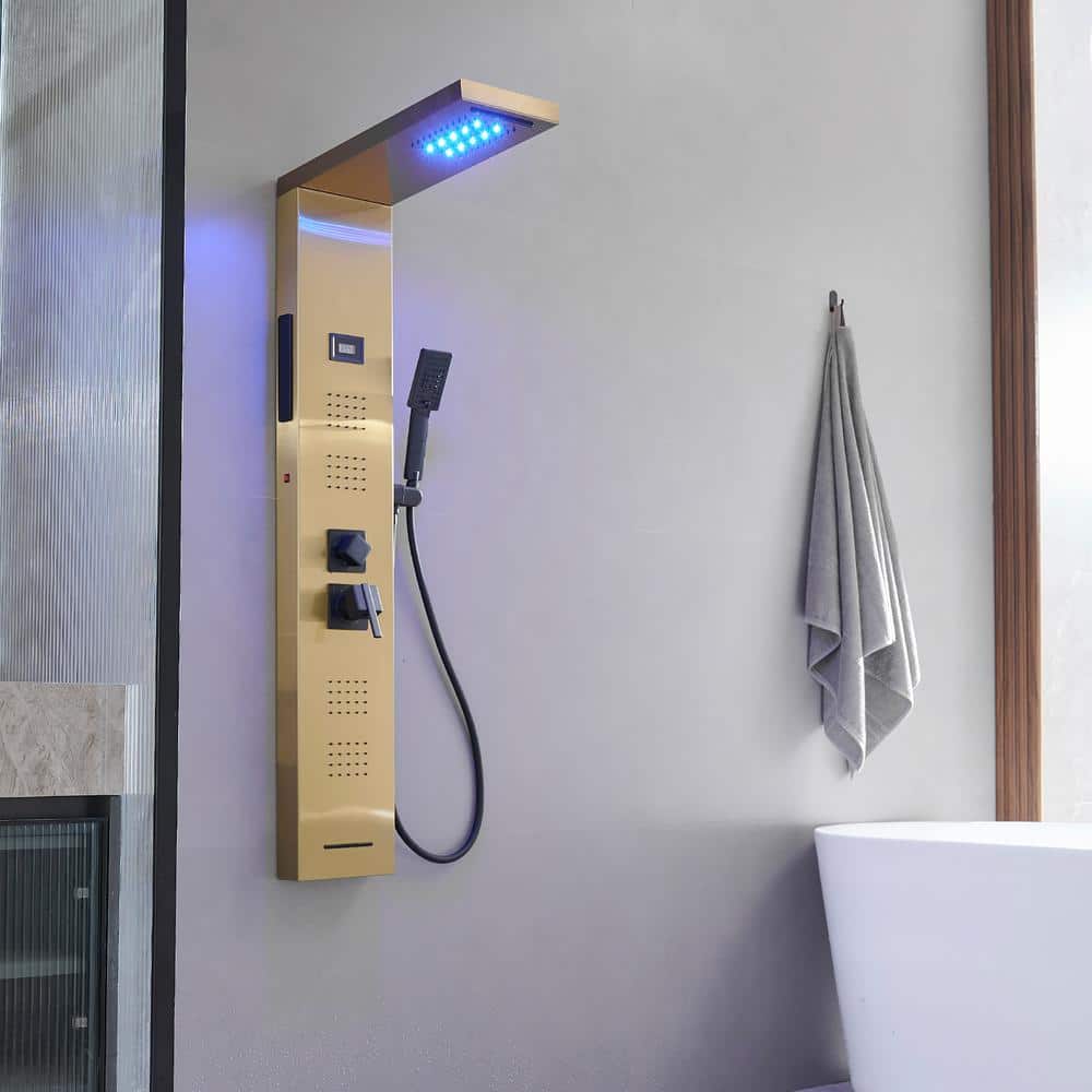 Gold Brushed Stainless Steel Shower Panel with LED and Handheld Wand