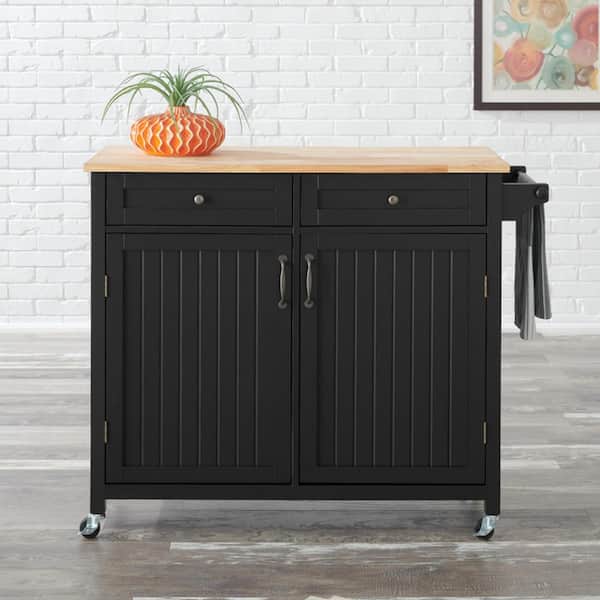 StyleWell Bainport Black Wooden Rolling Kitchen Cart with Butcher Block Top and Double-Drawer Storage (44" W)