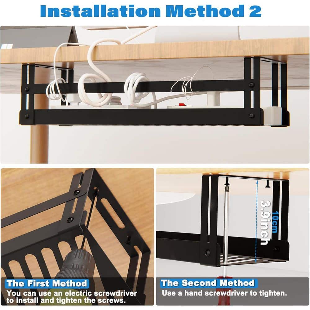 Under Desk Cable Management Tray 2-Pack Self-Adhesive Installation Cord Organizer for Office Home Black - Thumbnail 2