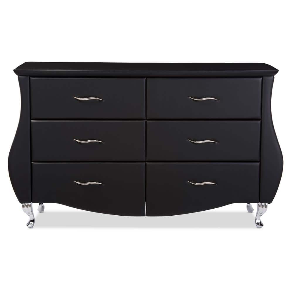 Enzo Luxe Black Faux Leather 6-Drawer Glam Dresser