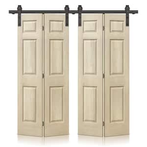 48 in. x 84 in. Cream Stain 6-Panel MDF Hollow Core Composite Double Bi-Fold Barn Doors with Sliding Hardware Kit