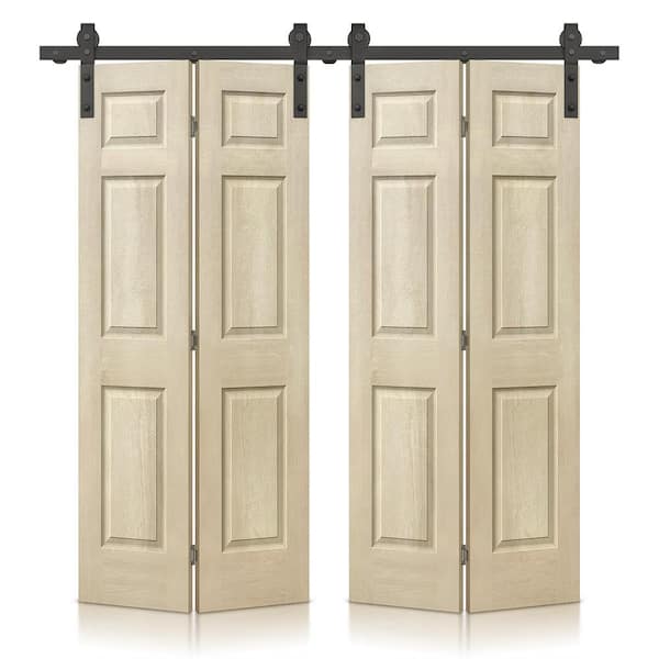 CALHOME 72 in. x 80 in. Hollow Core Vintage Cream Stain 6-Panel Composite Double Bi-Fold Barn Doors with Sliding Hardware Kit