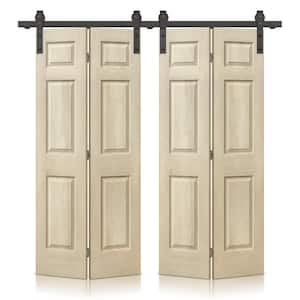 72 in. x 84 in. Hollow Core Vintage Cream Stain 6 Panel MDF Double Bi-Fold Barn Door with Sliding Hardware Kit