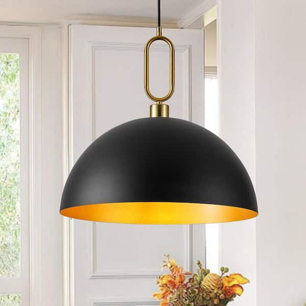1-Light Black and Gold Dome Hanging Pendant Light Chandelier with Metal Cover for Kitchen Island
