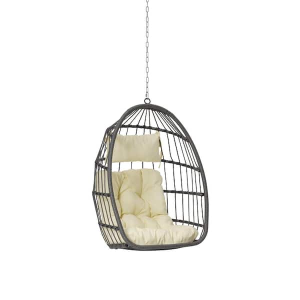 Unbranded Outdoor Garden Rattan Wood Egg Swing Chair Hanging Chair With Beige Cushion