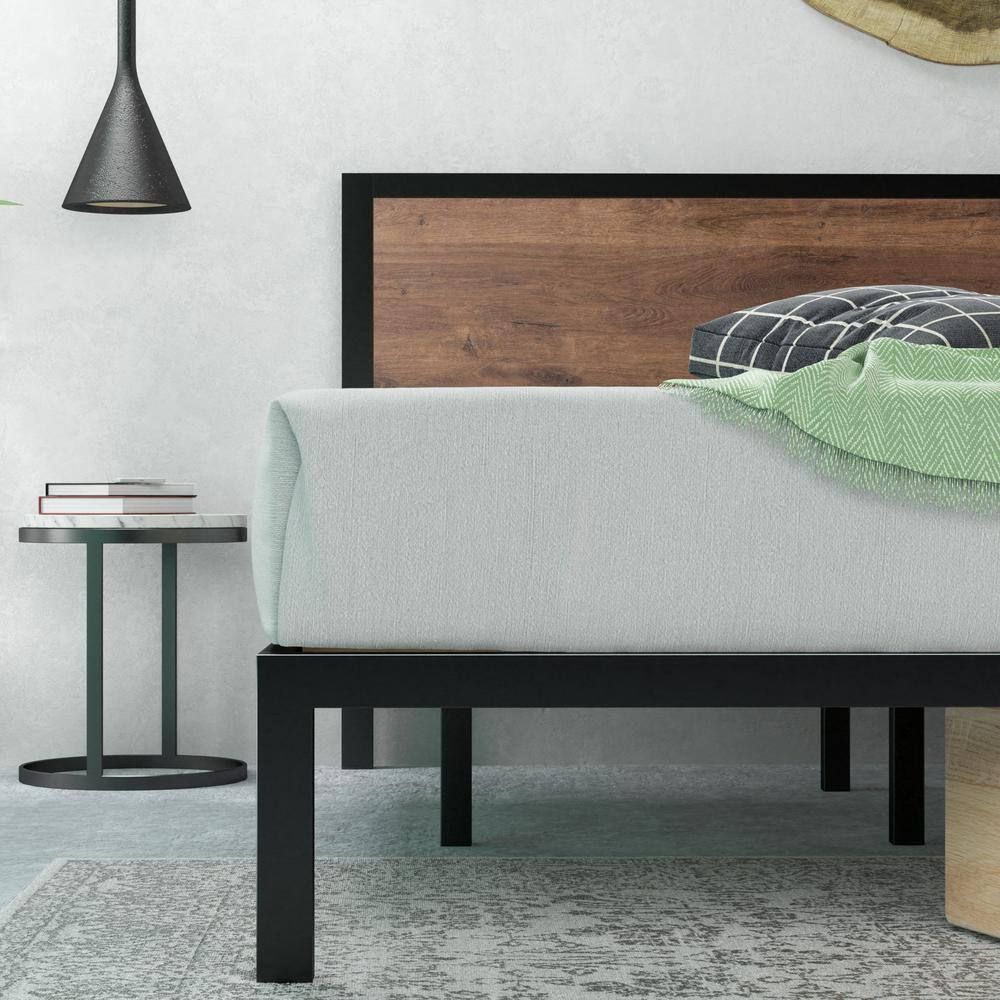 Full Black Metal Platform Bed Frame with Wood Headboard