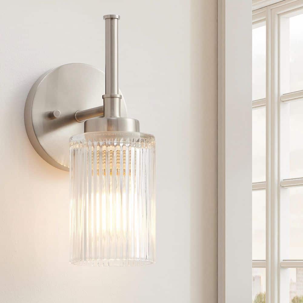11.5 in. 1-Light Brushed Nickel Wall Sconces with Clear Ribbed Glass Shades and Decorative Tube price history on PriceWatchPro