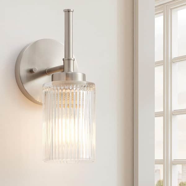 KAWOTI 11.5 in. 1-Light Brushed Nickel Wall Sconces with Clear Ribbed Glass Shades and Decorative Tube