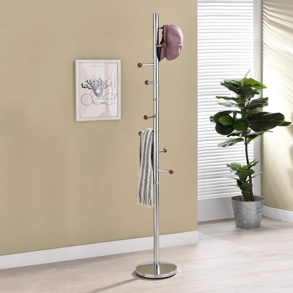 Chrome Finish Metal Coat Rack with Walnut Wooden Balls