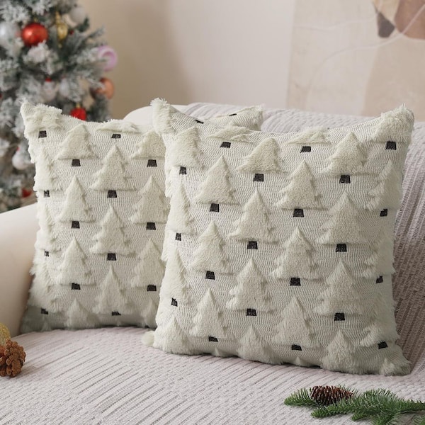 20 in. x 20 in. Cream White Christmas Tree Throw Pillow Cover, Soft Plush Faux Fur with Hand Embroidery (Set of 2)