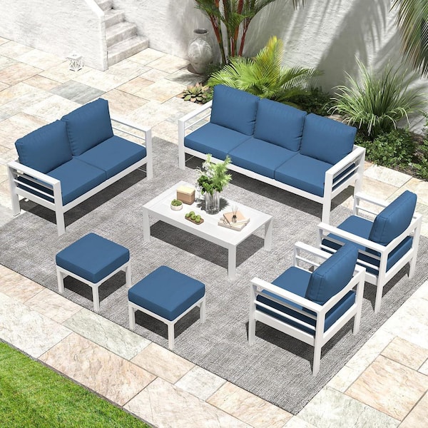 Sudzendf White 7-Piece Aluminum Patio Conversation Set with Blue Cushions, Coffee Table and Stool for Garden, Backyard