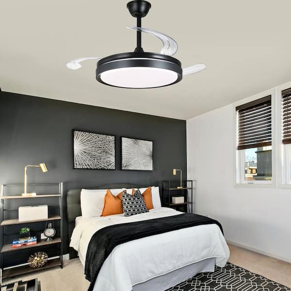 Nimbella 42 in. Indoor Downrod Matte Black Modern Ceiling Fan with Light and Remote, DC Motor Dimmable Caged Ceiling Fan