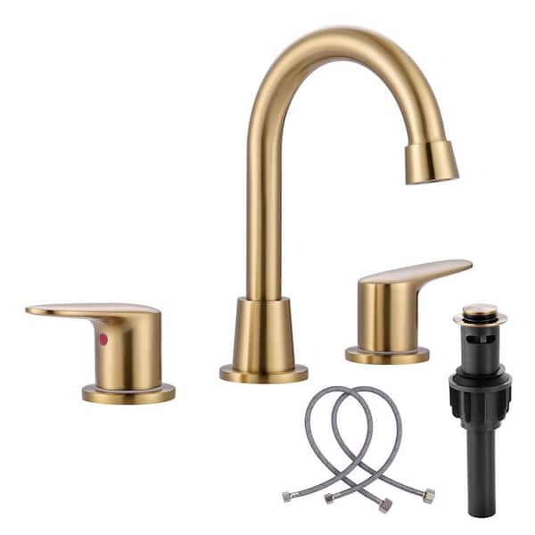 ARCORA 8 in. Widespread Double Handle High Arc Bathroom Sink Faucet with Pop-up Drain Kit in Gold