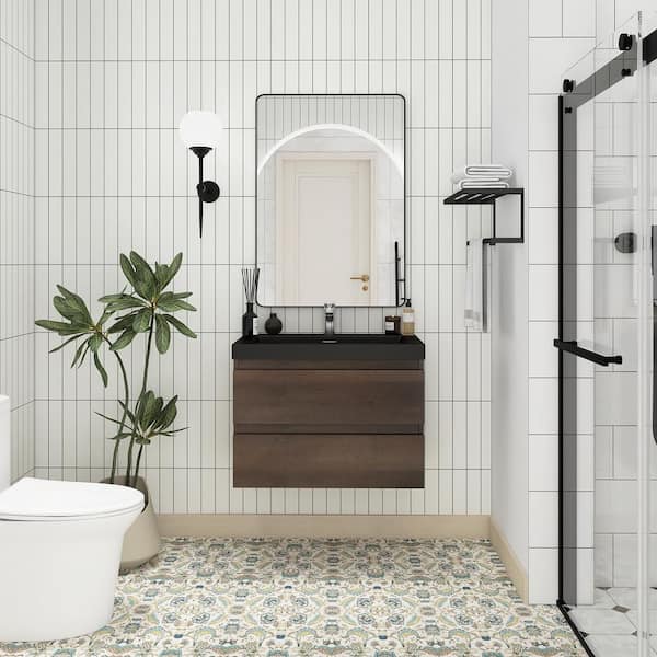 Boosicavelly 30 in. W x 19.5 in. D x 22.5 in. H Single Sink Wall-Mounted Bath Vanity in Grey Oak with Black Resin Top