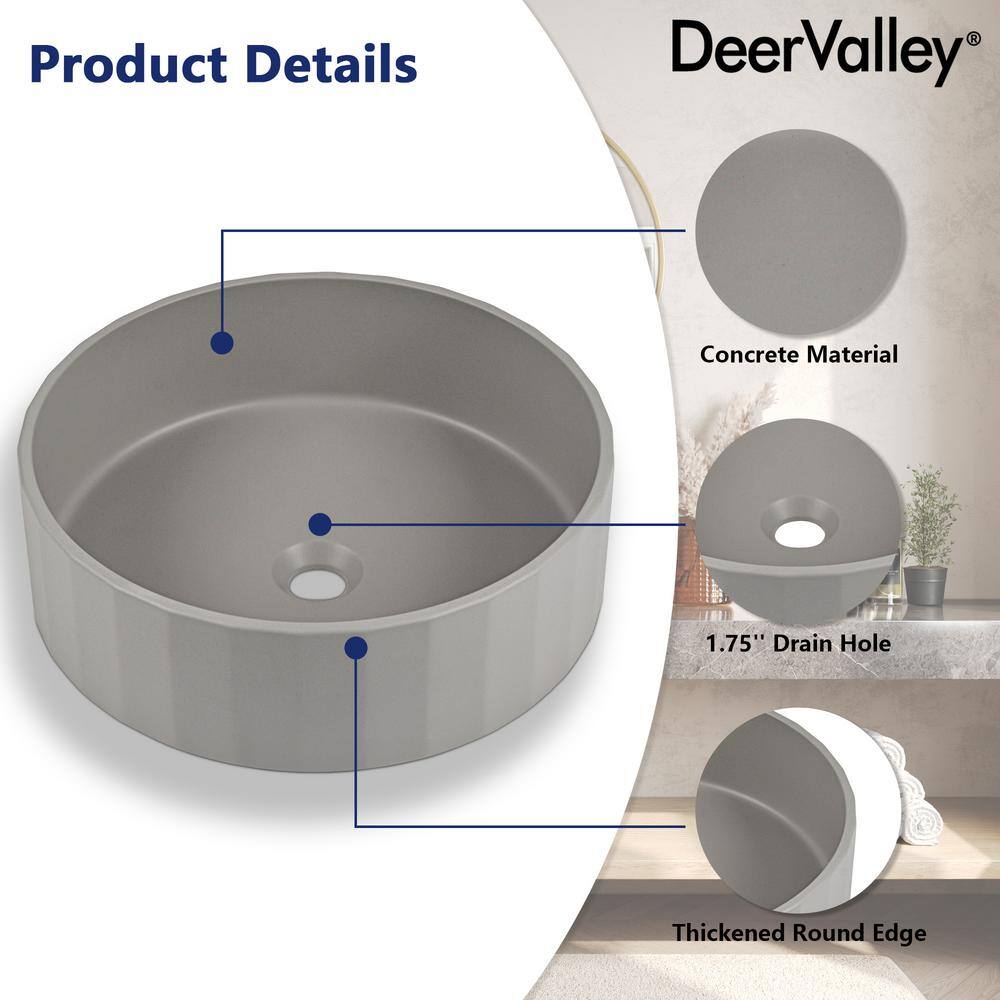 17" Round Light Gray Concrete Above-Counter Bathroom Vessel Sink