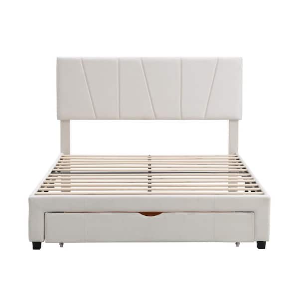 STICKON Beige Wood Frame Queen Size Upholstery Platform Bed with Drawer