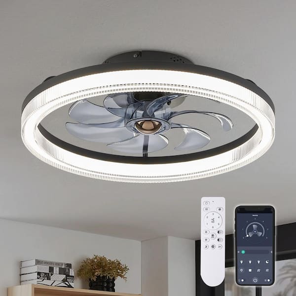 20 in. LED Indoor Black Low Profile Ceiling Fan with Dimmable Lighting Small Flush Mount Ceiling Fan with Remote