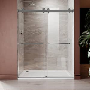 UKD01 56 to 60 in. W x 76 in. H Double Sliding Frameless Shower Door in Space Gray, EnduroShield 3/8 in. Clear Glass