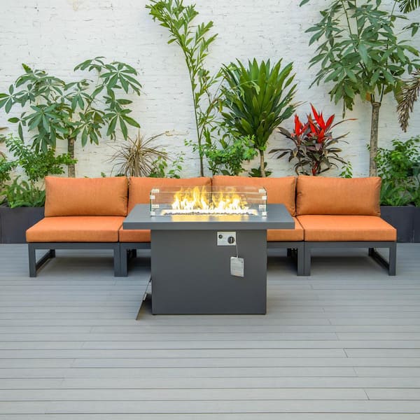 Chelsea 5-Piece Aluminum Patio Fire Pit Set with Orange Cushions