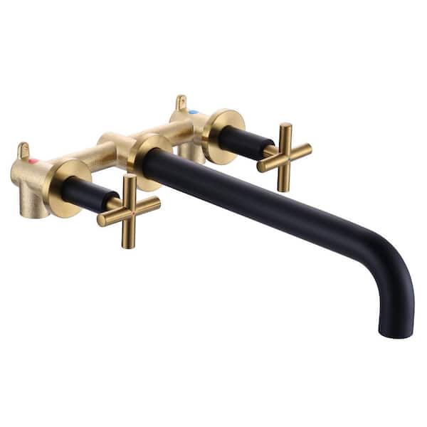 2-Handle Wall-Mount Brass Roman Tub Faucet with High Flow Long Spout Reach in Black and Gold (Valve Included)