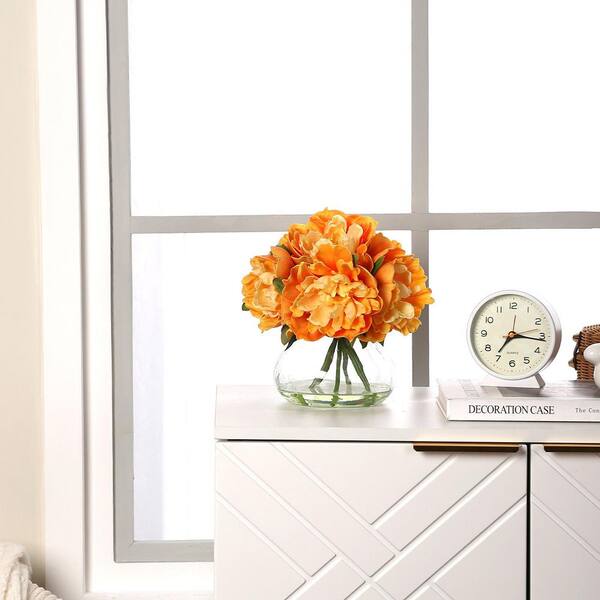 9.8 in. Orange Artificial Peonies Floral Arrangement in Glass Vase