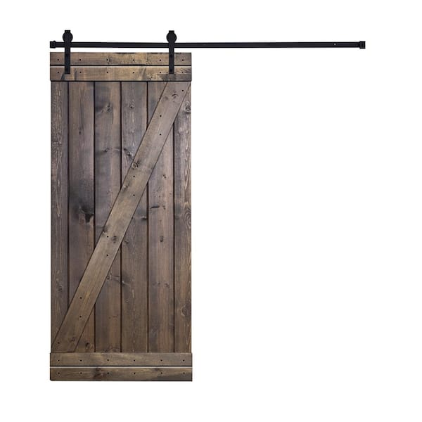 AIOPOP HOME Z-Bar 42 in. x 84 in. Otter Brown Stained Knotty Pine Wood DIY Sliding Barn Door with Hardware Kit