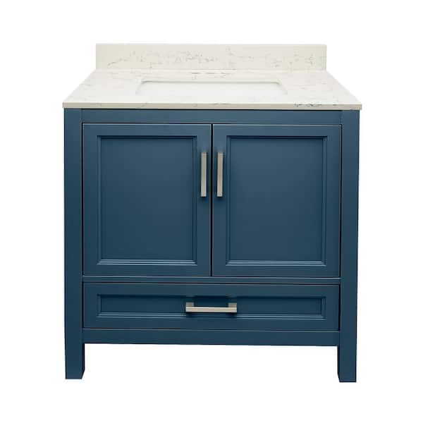Amluxx Salerno 31 in. W x 22 in. D x 36 in. H Bath Vanity in Navy Blue with Quartz Stone Vanity Top in Lyra White