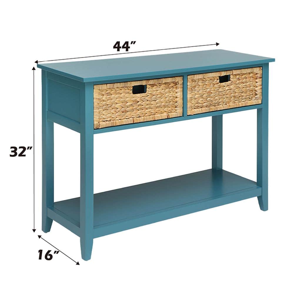 Teal Wood Console Table with Storage Baskets and Shelf