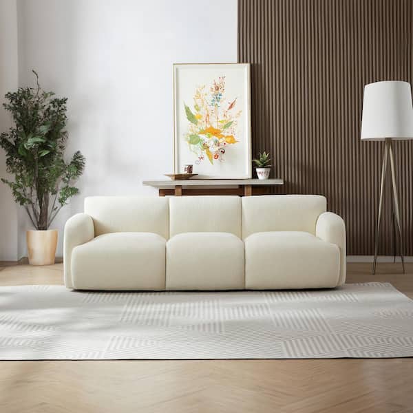Ashcroft Furniture Co Symphony 90.5 in. Round Arm Boucle Fabric Modern Rectangle Sofa in. Cream White