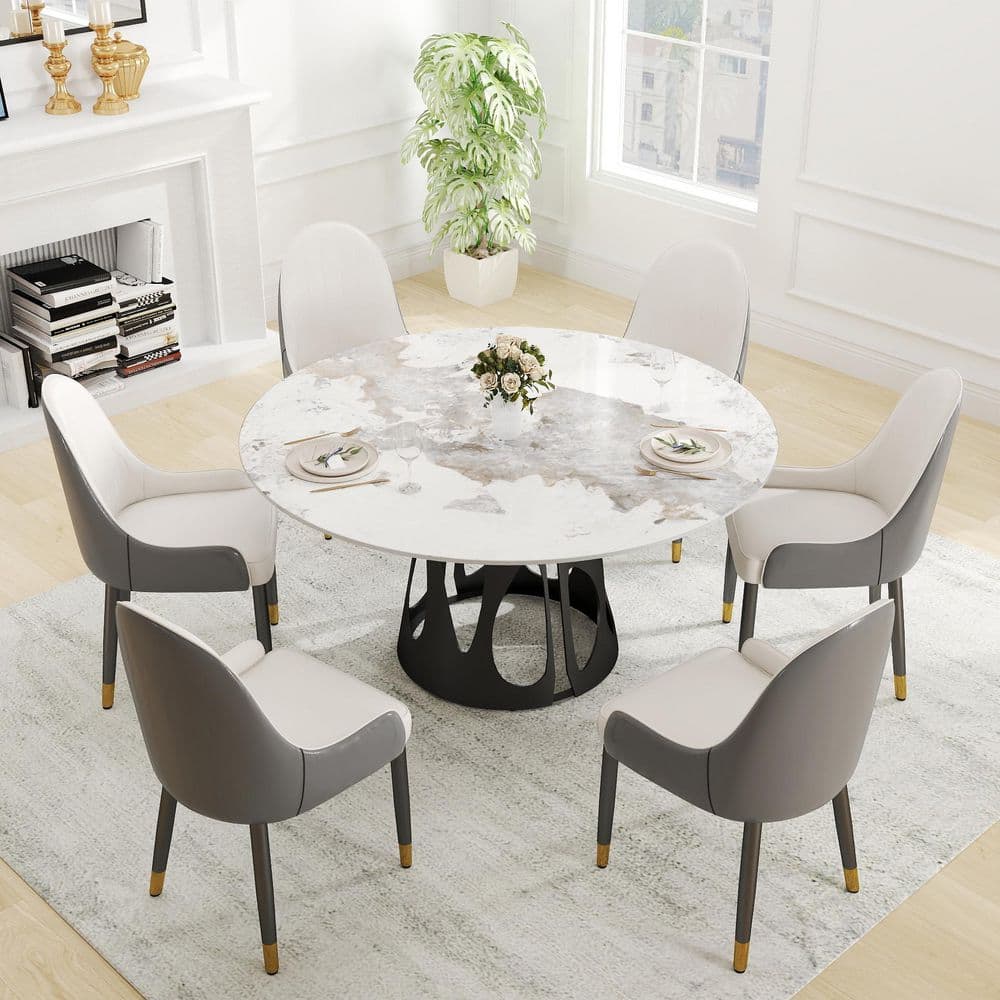 59 in. Pandora Round Sintered Stone Tabletop with Black Metal Pedestal Base Dining Table (Seats 8)
