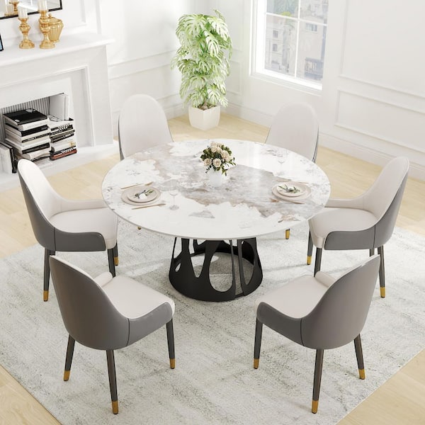 Magic Home 59 in. Pandora Round Sintered Stone Tabletop with Black Metal Pedestal Base Dining Table (Seats 8)