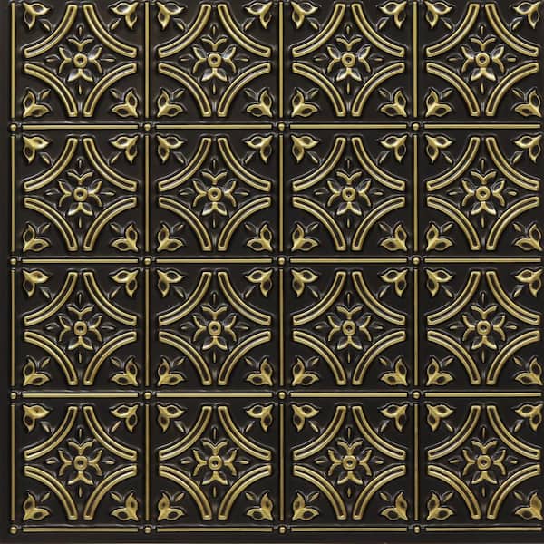 FROM PLAIN TO BEAUTIFUL IN HOURS Gothic Reims Antique Brass 2 ft. x 2 ft. Glue Up PVC Faux Tin Ceiling Tile (40 sq. ft./case)