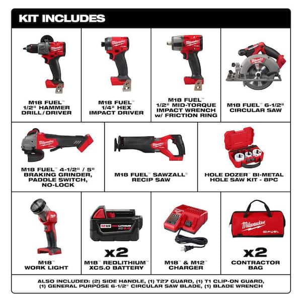 M18 FUEL 18V Brushless Cordless 7-Tool Combo Kit w/ (2) 5. 0Ah Batteries, Charger, 2 Bags with Hole Dozer 8-Pc Kit