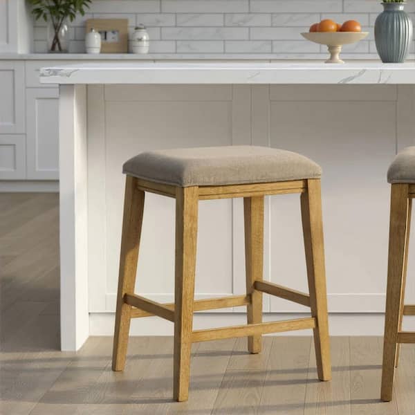 Jane 26.3 in. H Taupe/Amber Glow Backless Wood Bar Stool with Fabric Upholstered Seat