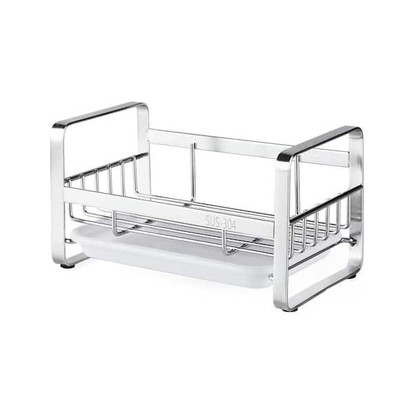 Silver Stainless Steel Kitchen Sink Organizer Sponge Holder with Removable Drain Tray Drainer Soap Dish Rack