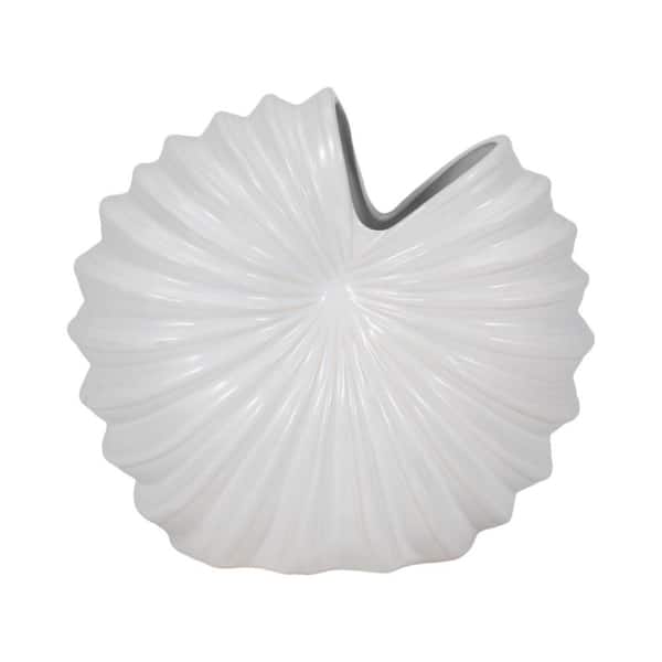 12 in. White Stoneware Round Shell Shaped Decorative Vase