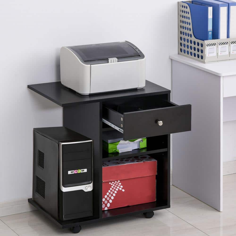 Black Mobile Printer Stand with Drawer and Adjustable Shelf