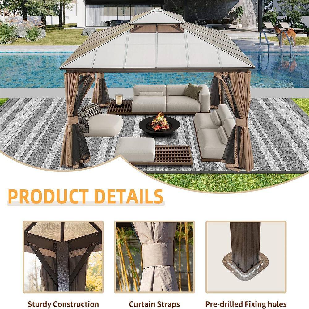 12'x12' Brown Aluminum Hardtop Patio Gazebo with Curtains